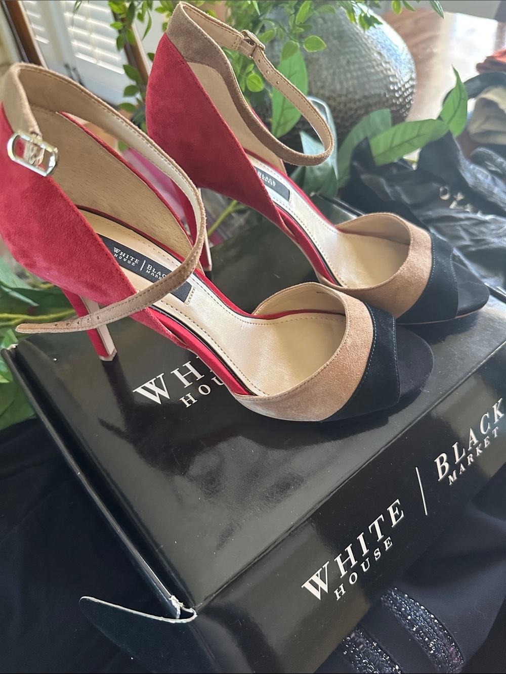 White House Black Market Red, Tan & Black Suede Ankle-Strap Heels